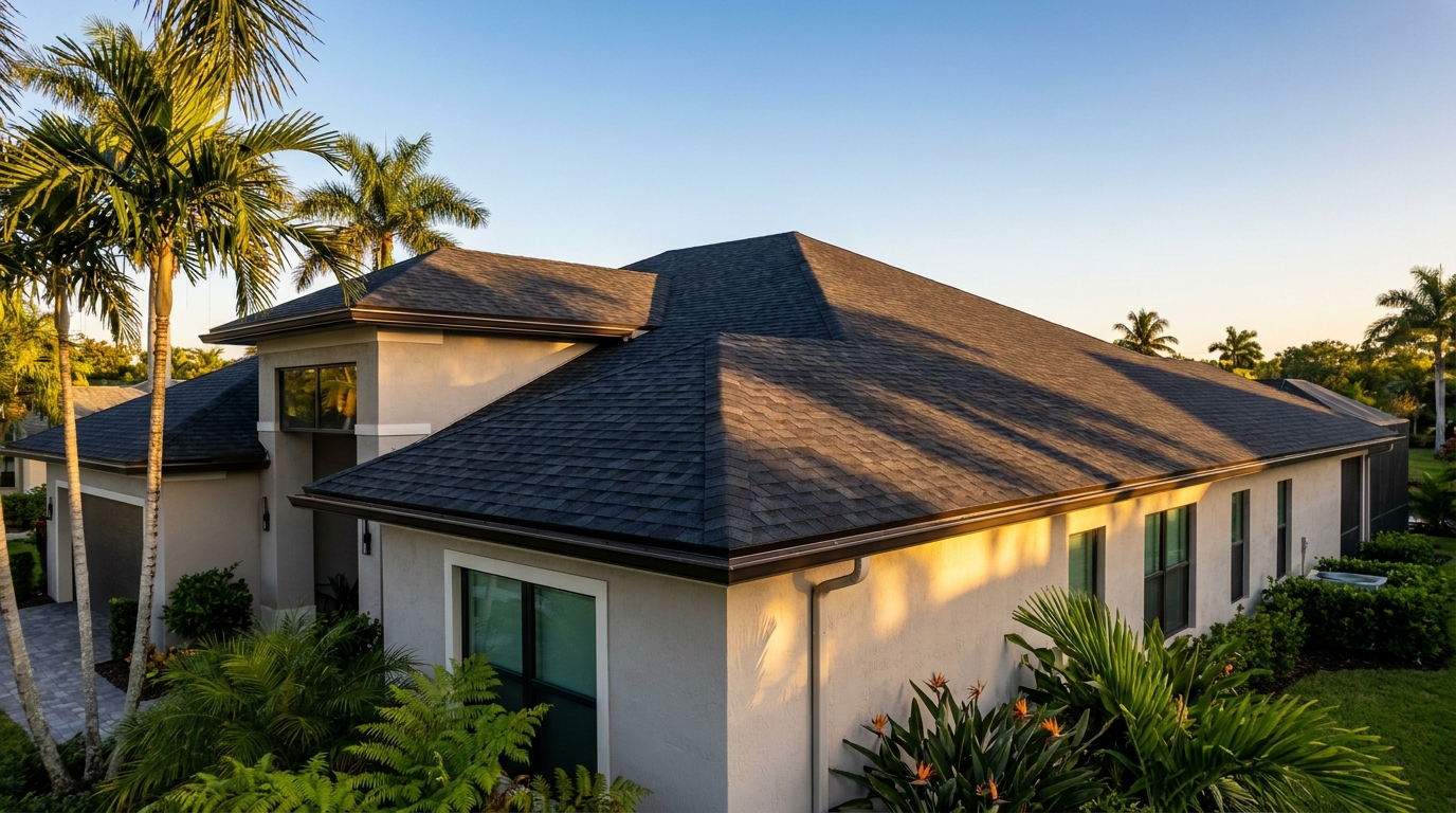 Freshly completed asphalt shingle roof on a South Florida home at golden hour
