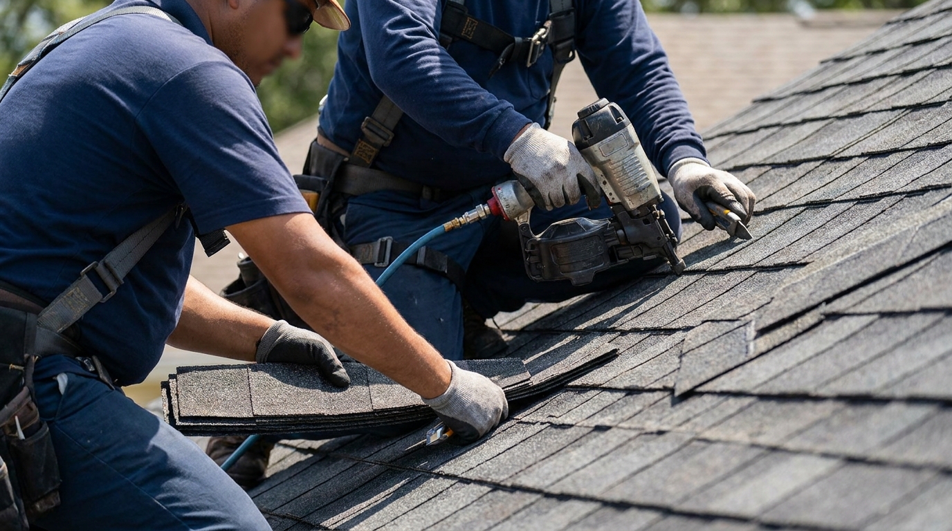 Professional roofers installing shingles on a residential roof